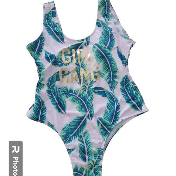 Girl Gang One Piece Swimsuit White w Tropical Green Leaf Print - Picture 1 of 8